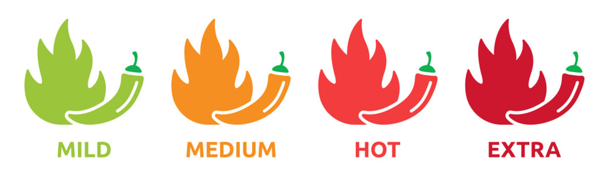 Hot chili peppers icon vector set. Level of spicy, mild, medium, hot and extra with fire flame symbol illustration.