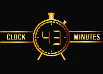 43 minutes clock gold isolated on black background. Watch, timer and countdown symbol.
