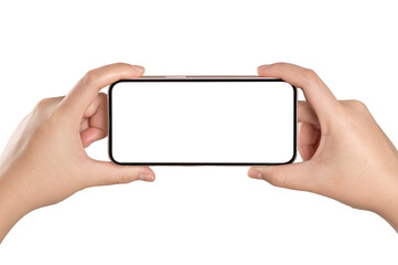 Woman hand holding smartphone with blank screen isolated on white background.