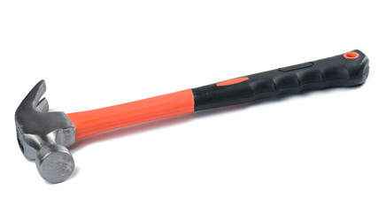 Metal hammer with rubber black handle isolated on white background.