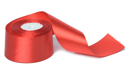 Roll of silk red ribbon, wrapping decor, white isolated background