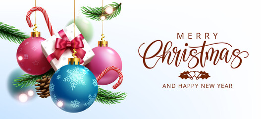 Christmas greeting vector design. Merry christmas text in white space with hanging xmas balls, gift and pine leaves decoration elements for holiday season. Vector illustration.
