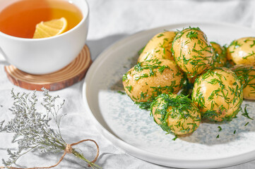 Delicious vegetarian food. Boiled potatoes.