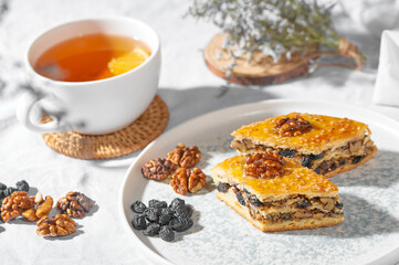 Baklava Uzbek. Baking with nuts and raisins for tea.