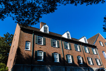 Fototapeta na wymiar Early American Architecture in Old Salem Historic District, Winston-Salem, North Carolina, USA