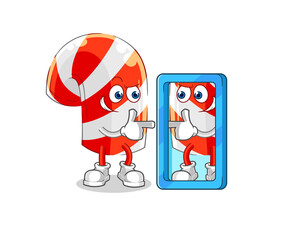 candy cane looking into mirror cartoon. cartoon mascot vector