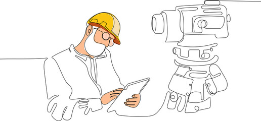 Close up of young Caucasian worker with helmet on head using tablet for work while standing in warehouse. Surveyor with a tripod icon. Geodesic tripod. Vector illustration