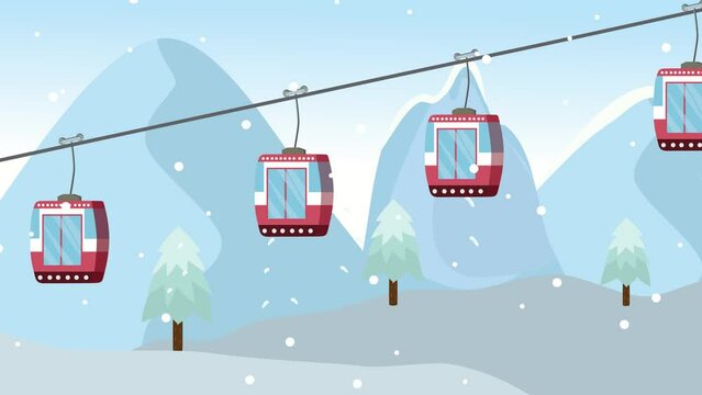 cable car, animation motion picture, cartoon, forest, mountain, snow