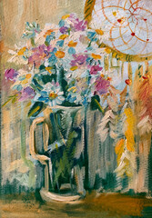 summer still life flowers in a glass mug and dreamcatcher, oil painting