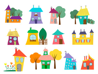 Collection of cartoon city houses with trees and garden. Vector illustration. For prints, fabrics, packaging, covers and brochures, advertising flyers, baby products.
