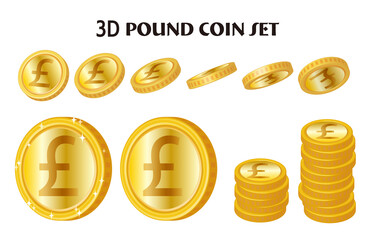 立体的な金色のポンドコインのイラストセット