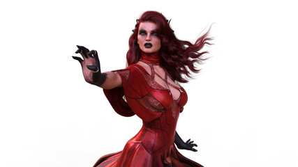 Witch Girl with Red Hair and Red Dress 