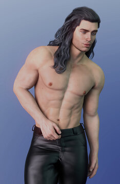 Male Model with Long Black Hair, Shirtless