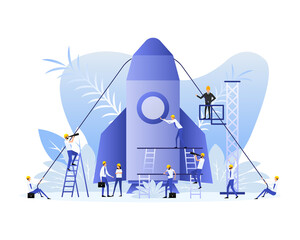 Poster with rocket people. Startup company launch concept, flat tiny person vector illustration