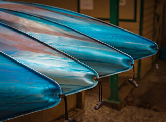 Kayaking on the Lake Concept Photo. Sport Kayak on the Lake Shore. Close Up Photo. Equipment for...