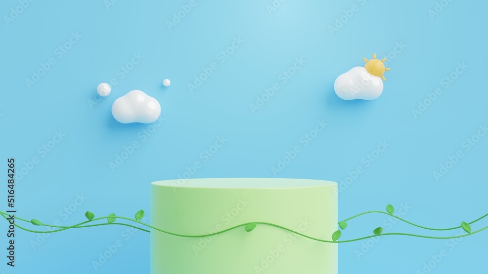 Poster 3d podium, sun, cloud and vines plant with green leaves on blue background.abstract minimal scene wi