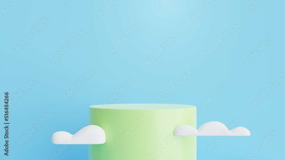Poster 3D  Green Podium and clouds on blue background.Abstract minimal scene with copy space.3D Rendering Illustration.