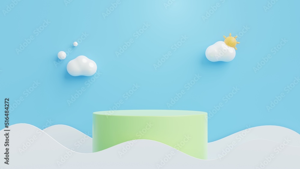 Poster 3D  Green Podium, sun and clouds on blue background.Abstract minimal scene with copy space.3D Rendering Illustration.