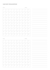 Note, scheduler, diary, planner document template illustration. 100 Day Challenge.