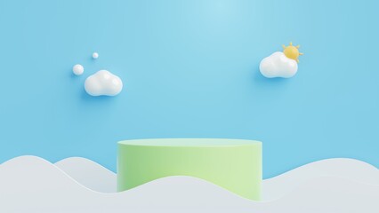3D  Green Podium, sun and clouds on blue background.Abstract minimal scene with copy space.3D Rendering Illustration.