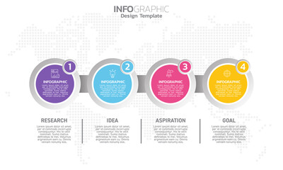 Business infographic 4 steps to success with research idea inspiration and goal.