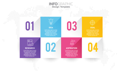 Business infographic 4 steps to success with research idea inspiration and goal.