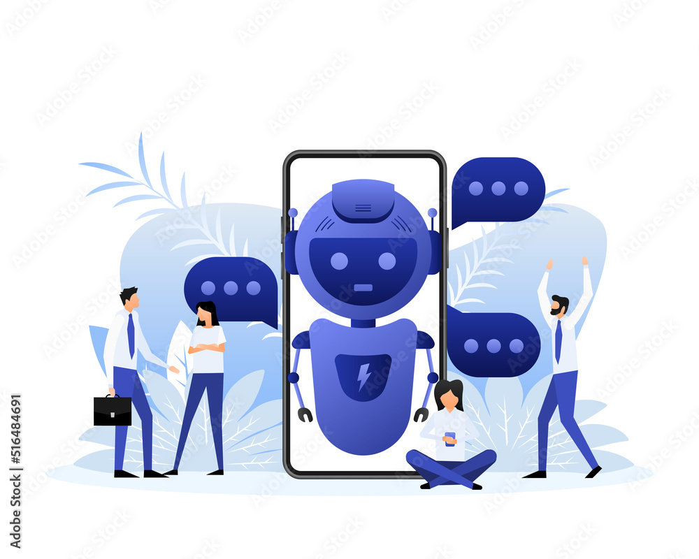 Poster chatbot icon concept, chat bot or chatterbot. flat style characters. vector illustration.