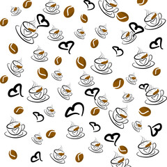 Line art coffee concept, coffee mugs, coffee beans and heart shaped lines.