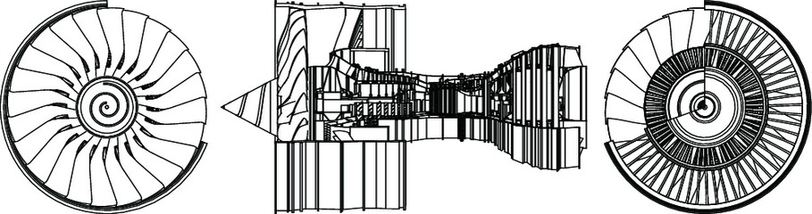 Jet engine isometrics. Vector line illustration. Concept vector illustration of advanced technology development, inheritance of skilled techniques and space development. © DRN Studio