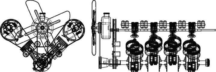 Fototapeta na wymiar Automobile engines isometrics. Vector line illustration.Concept vector illustration of advanced technology development, inheritance of skilled techniques and space development.