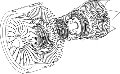 Jet engine isometrics. Vector line illustration. Concept vector illustration of advanced technology development, inheritance of skilled techniques and space development. - obrazy, fototapety, plakaty