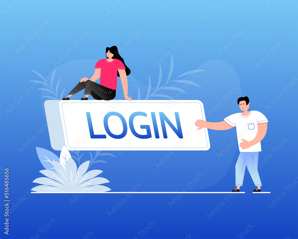 Poster flat login button for site design. flat people. vector template. web page template. arrow icon.
