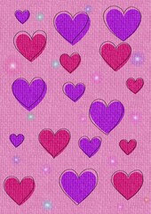 seamless pattern with hearts. Illustration of purple and pink hearts of different sizes on a light pink background with glitter