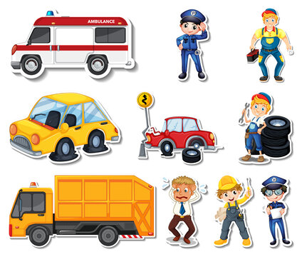 Sticker set of professions characters and objects