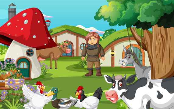 Cartoon farm animals in nature scene