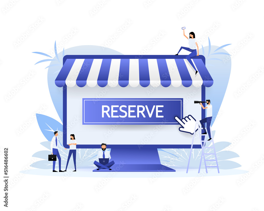 Poster flat button with blue reserved button. flat line vector illustration. online store. vector icon