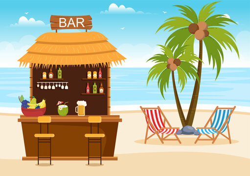 Tropical Bar or Pub in Beach with Alcohol Drinks Bottles, Bartender, Table, Interior and Chairs by Seaside in Flat Cartoon Illustration