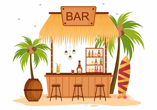 Tropical Bar or Pub in Beach with Alcohol Drinks Bottles, Bartender, Table, Interior and Chairs by Seaside in Flat Cartoon Illustration