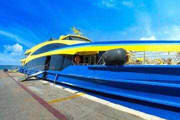 Mexico, High-speed Cozumel ferry at the terminal Cozumel waiting for passengers to Playa del Carmen.