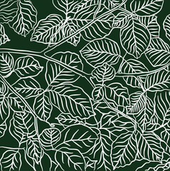 seamless background with leaves line art design green blackground.