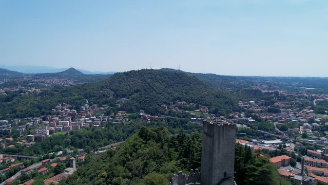 Aerial View Of Castello Baradello On Hilltop Next To City Of Como, Northern Italy. Dolly Forward