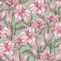 Large lily flowers. Vintage seamless pattern in a watercolor style. Pastel colors.