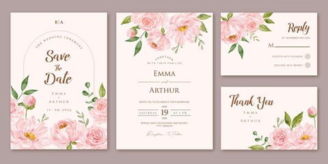 Set of wedding invitation with watercolor pink roses floral © cocomomo