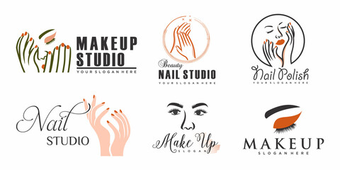 Nails art and eyelash salon vector logo.Illustration of woman hands with elegant,beautiful manicure.
