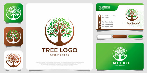 Circle tree logo icon template design with business card