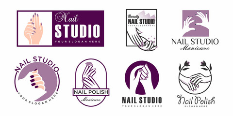 nails polish logo. combination hand with red manicure nails. Beauty Logo, nails art.