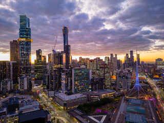Naklejka premium Aerial view of Melbourne city at night