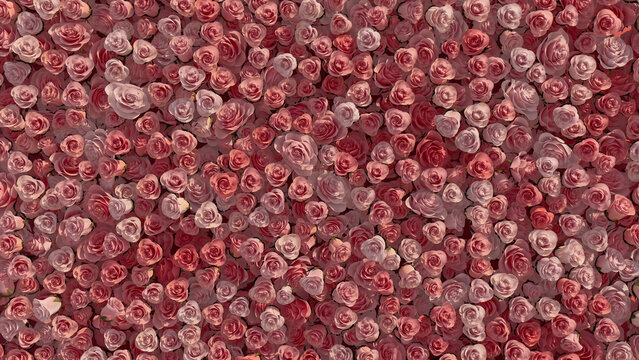 Pink Flowers arranged to create a Vibrant wall. Beautiful, Romantic Background formed from Colorful Roses. 3D Render