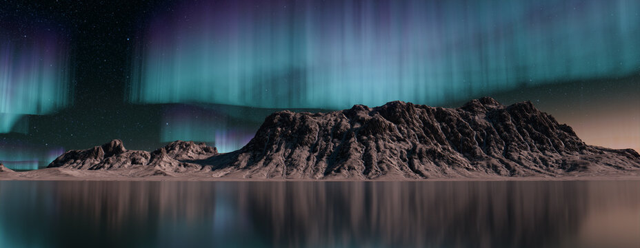 Snow covered Landscape with Aurora Borealis. Green Sky Banner with copy-space.