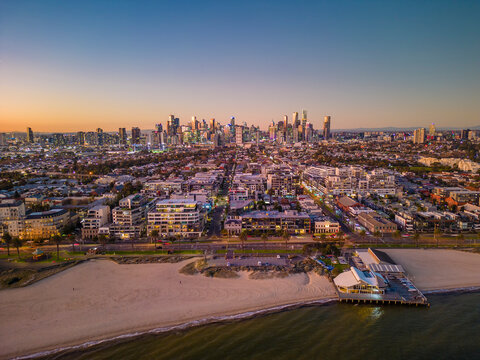 Aerial view of coastal suburb in Melbourne at sunset